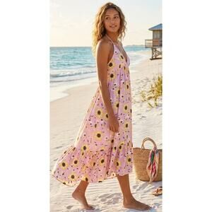 LOFT Beach Adorable Sunflower Print Beachy Cottage Style Ruffle Midi Dress
